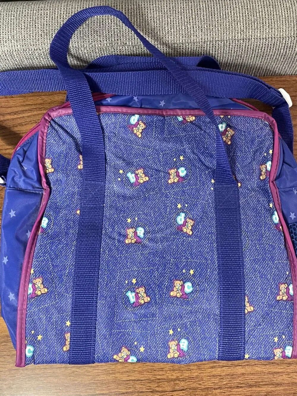 Vtg 90's Ross Insulated Diaper Bag Denim Blue Jean ABC Bear Stars Ziptop
